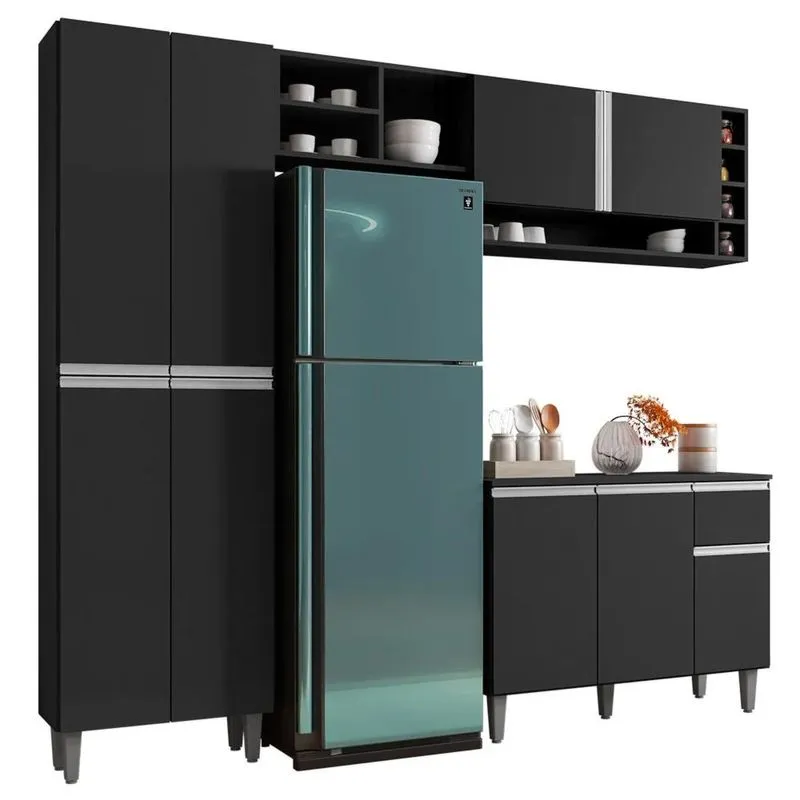 Cozinha Modulada Completa 230cm Com Balcão E Armário Aéreo Vanessa Preto Fosco - Ajl Móveis