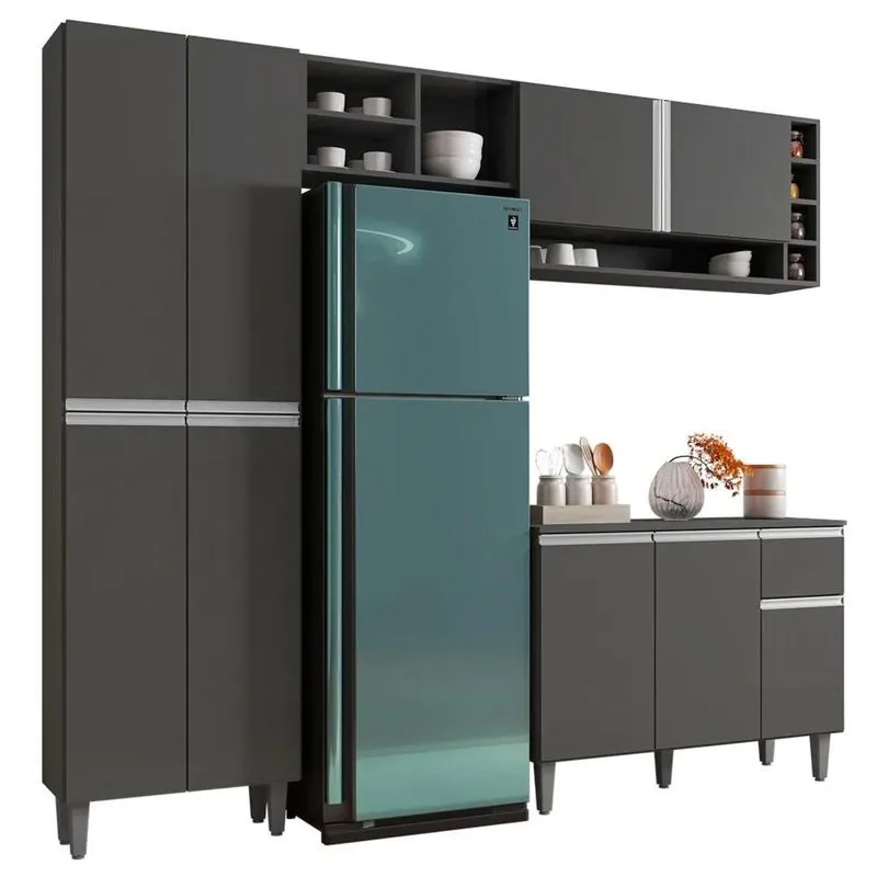 Cozinha Modulada Completa 230cm Com Balcão E Armário Aéreo Vanessa Cinza Escuro - Ajl Móveis