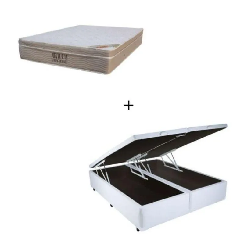 Cama Box Baú Casal 138 Bipartido Sintético Branco Com Colchão Ortobom Airtech Spring Pocket D26 Bege 70x138x188