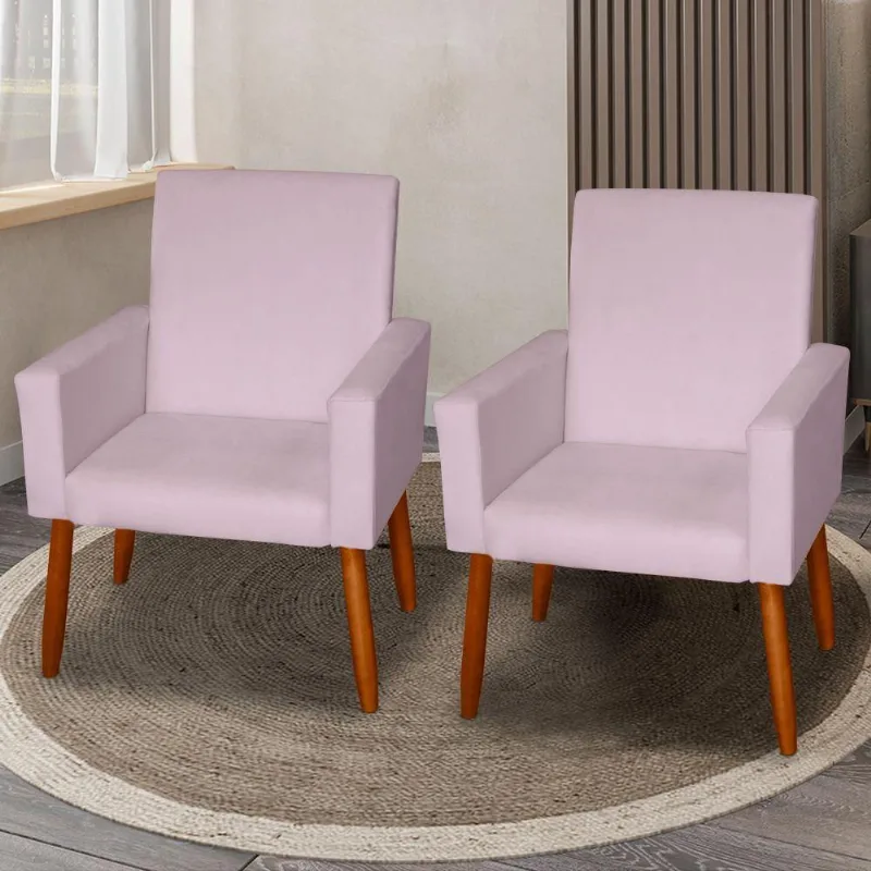 Kit 2 Poltronas Decorativas Mel Suede Rosa Claro Dal Poz Estofados