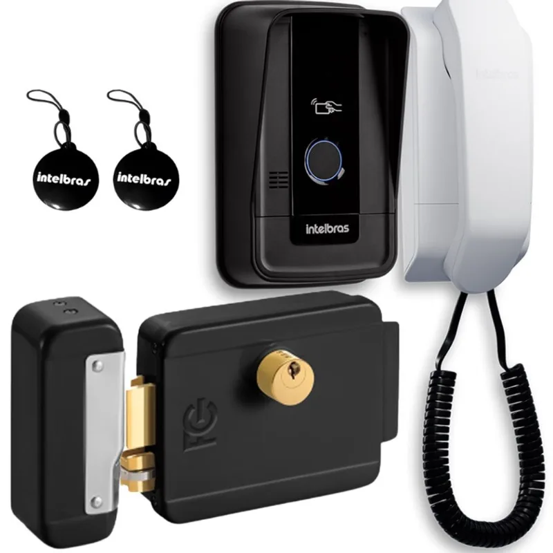 Kit 1 Porteiro Interfone Tag rfid IPR1010 id e 1 Fechadura Preta Reversível FCFEC01N ipr 1010