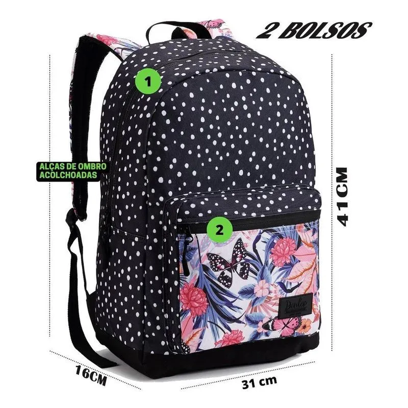 Mochila Feminina Juvenil Costas Flores Bolinhas Dl1285