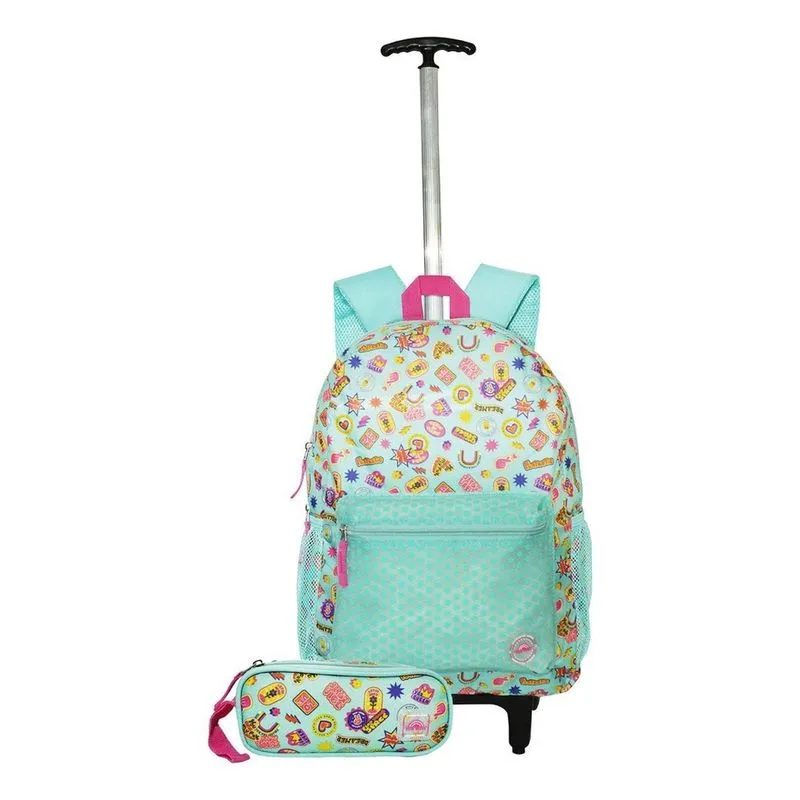 Mochila Love Coração Emoji com Rodinhas + Estojo 43cm