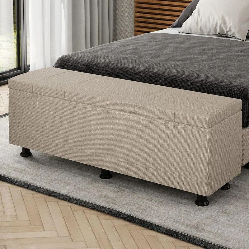 Baú Sapateira Estofada Casal Queen Size 160 Cm Venus Linho Skybox Bege