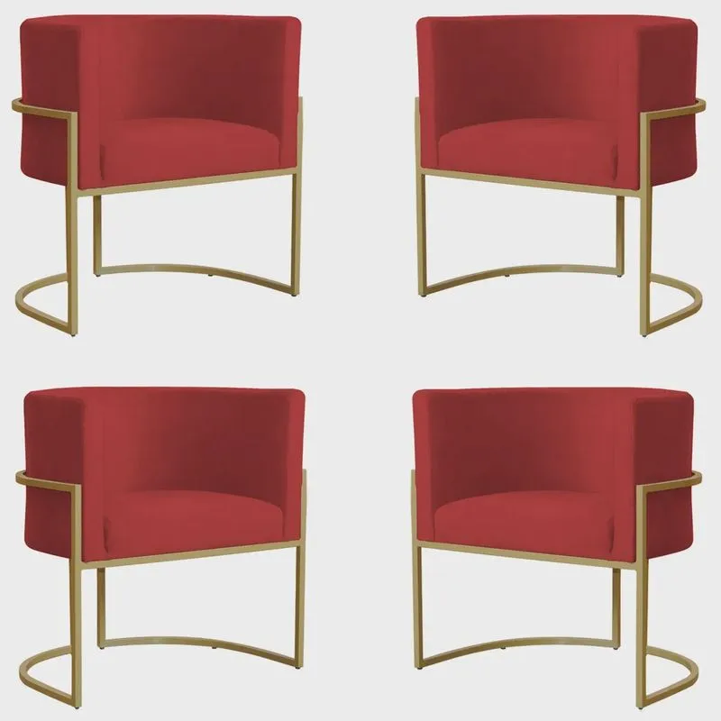 Kit 4 Poltronas Decorativa Sala de Estar Luana Base Gold Suede Vermelho - Montanaris Decor