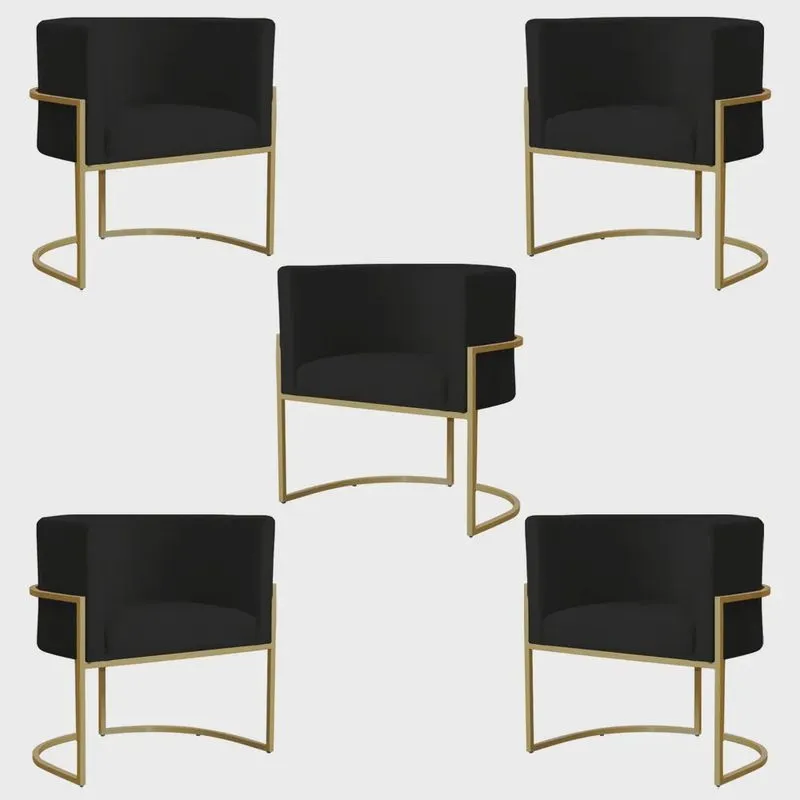 Kit 5 Poltronas Decorativa Sala de Estar Luana Base Gold Suede Preto - Montanaris Decor