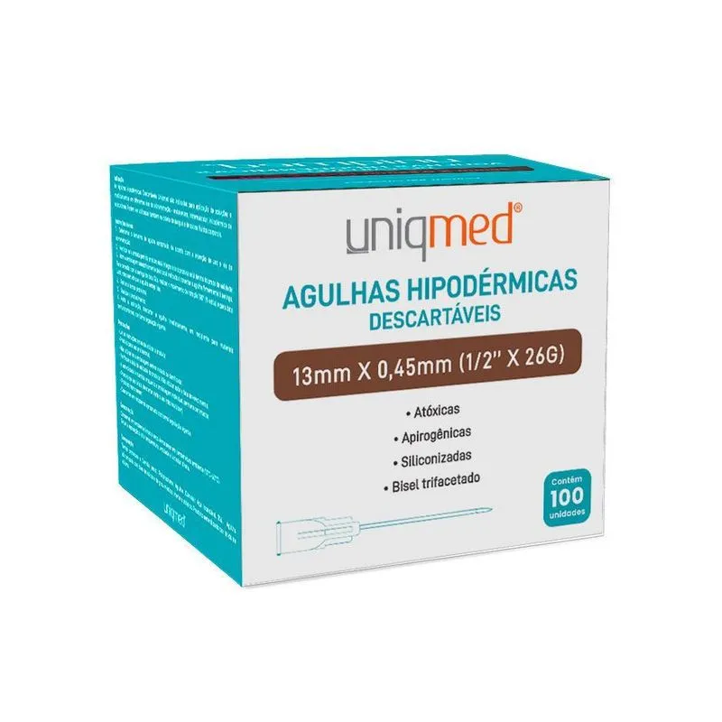 Agulhas Hipodérmica Descartáveis 13mmx0,45mm 100 Un Uniqmed