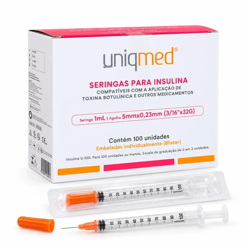 Seringa para Insulina Uniqmed 1,0mL com Agulha Fixa 5mm x 32G Caixa com 100 Unidades