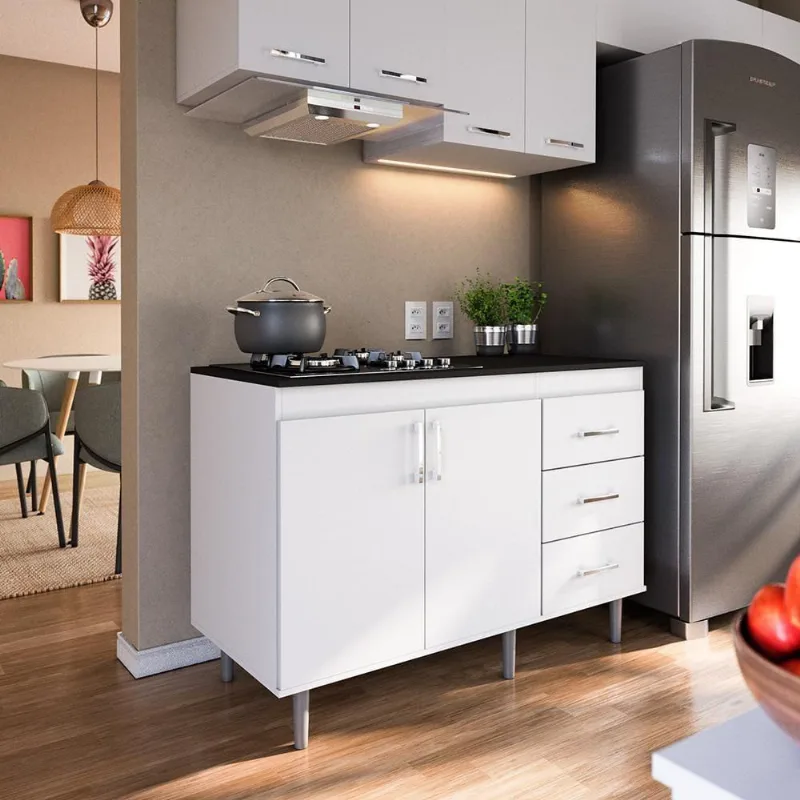 Balcão Para Cooktop 1,20m 4 Bocas 2 Portas E 3 Gavetas Turim Branco
