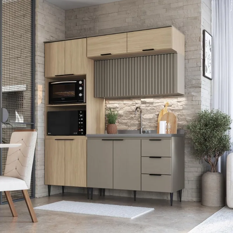 Cozinha Completa Lavinia 9 Portas 3 Prateleiras MDF-MDP 190CM Imperial e Fume J Carvalho Móveis