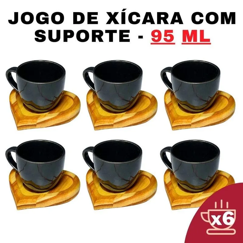 Kit Porta Xícara Redondo Com Xícara Em Porcelana Preto 95ml