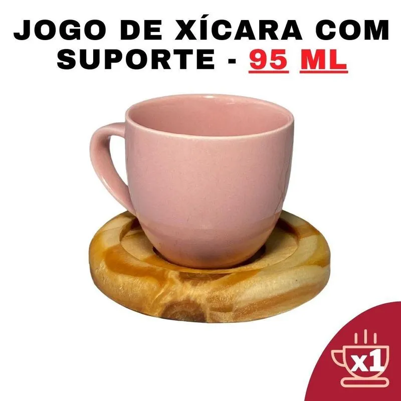 Kit Porta Xícara Redondo Com Xícara Em Porcelana Rosa 95ml