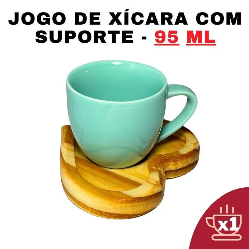 Kit Porta Xícara Coração Com Xícara Em Porcelana Verde 95ml