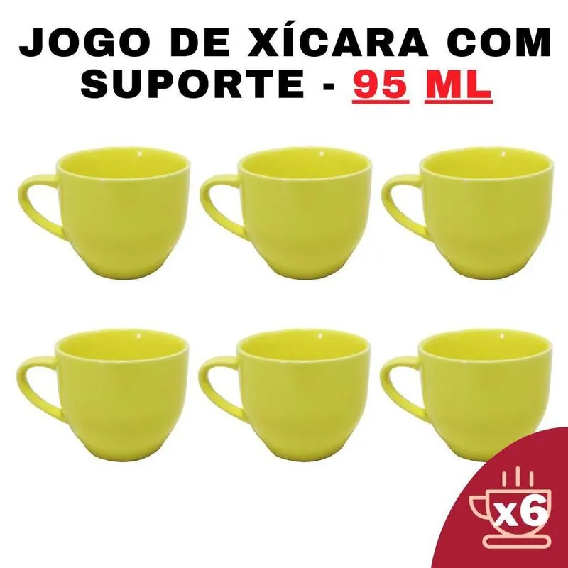 Kit 6 Xícaras Em Porcelana Amarelo 95Ml Jogo De Chá E Café