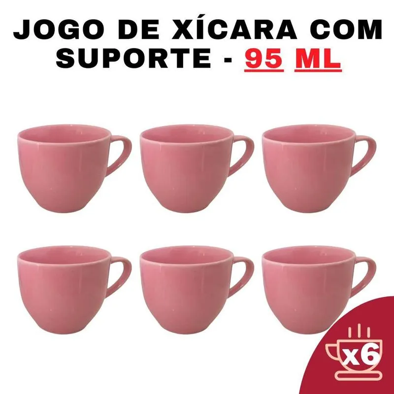 Kit 6 Xícaras Em Porcelana Rosa 95Ml Jogo De Chá E Café