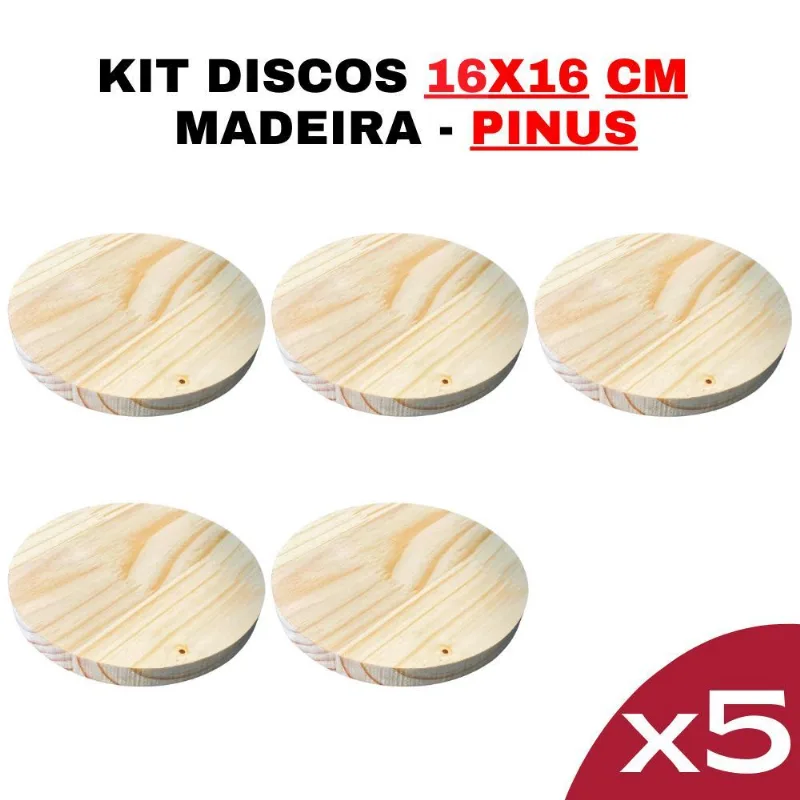 Disco De Madeira Pinus 16x16cm - Conjunto 5 Peças