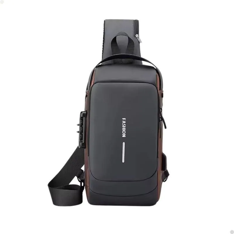 Bolsa Mochila Pochete Pochet Transversal Diagonal Ombro Anti-furto Usb À Prova D'água Durabilidade - Cinza Com Dourado