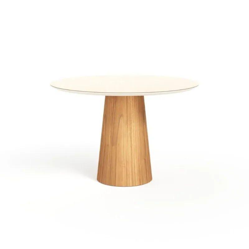 Mesa De Jantar Redonda 120cm Scandi 6 Lugares Lamina Natural De Madeira Off White Vidro