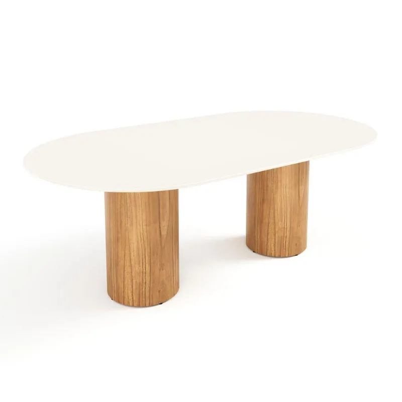 Mesa De Jantar West 200cm X 100cm 6 Lugares Lâmina Natural De Madeira Off White Vidro