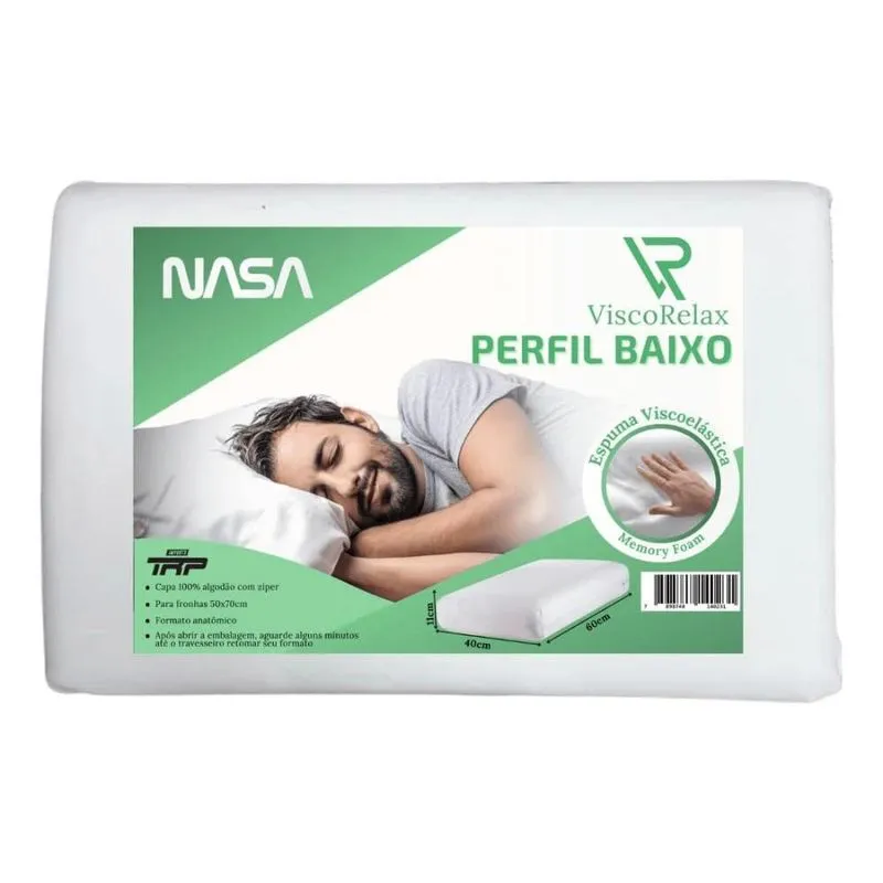 Travesseiro Visco Relax Nasa Baixo Capa 100% Algodão Hipoalergênico 60x40x14cm trp Imports branco