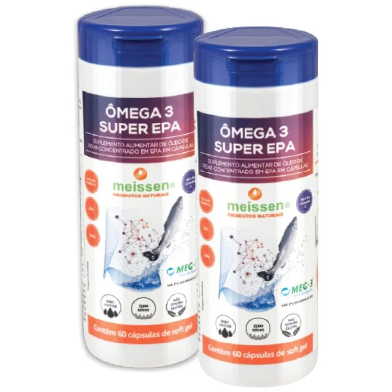 Kit 2x Ômega 3 dha Super Epa Meg 3 Meissen Alta Concentração Óleo Peixe 60 Cáps Vitamina E Zero Lactose Sódio Glúten