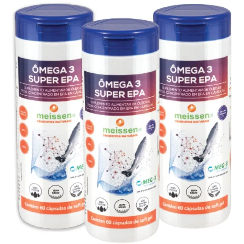 Kit 3x Ômega 3 dha Super Epa Meg 3 Meissen Alta Concentração Óleo Peixe 60 Cáps Vitamina E Zero Lactose Sódio Glúten