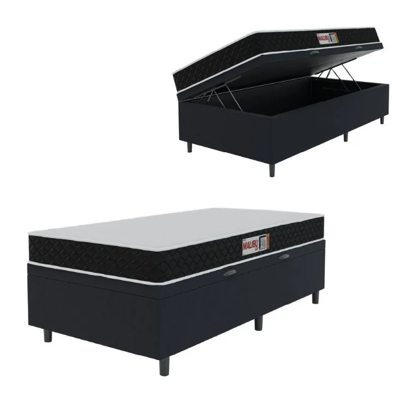 Cama Box Baú Colchão Solteiro Espuma D20 Malibu 88x188x53cm Preto / Branco Hellen Preto