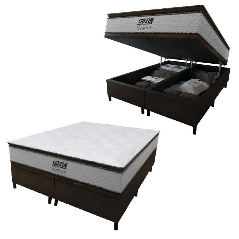Cama Box Baú Queen Colchão Molas Ensacadas Tower 158x198x75cm Branco / Marrom Gazin