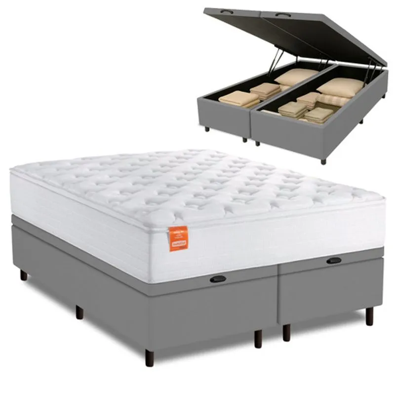 Cama Box Baú Colchão Casal Queen Molas Ensacadas Real 158x198x68cm Branco / Cinza Inducol - Suporta até 130kg por Pessoa