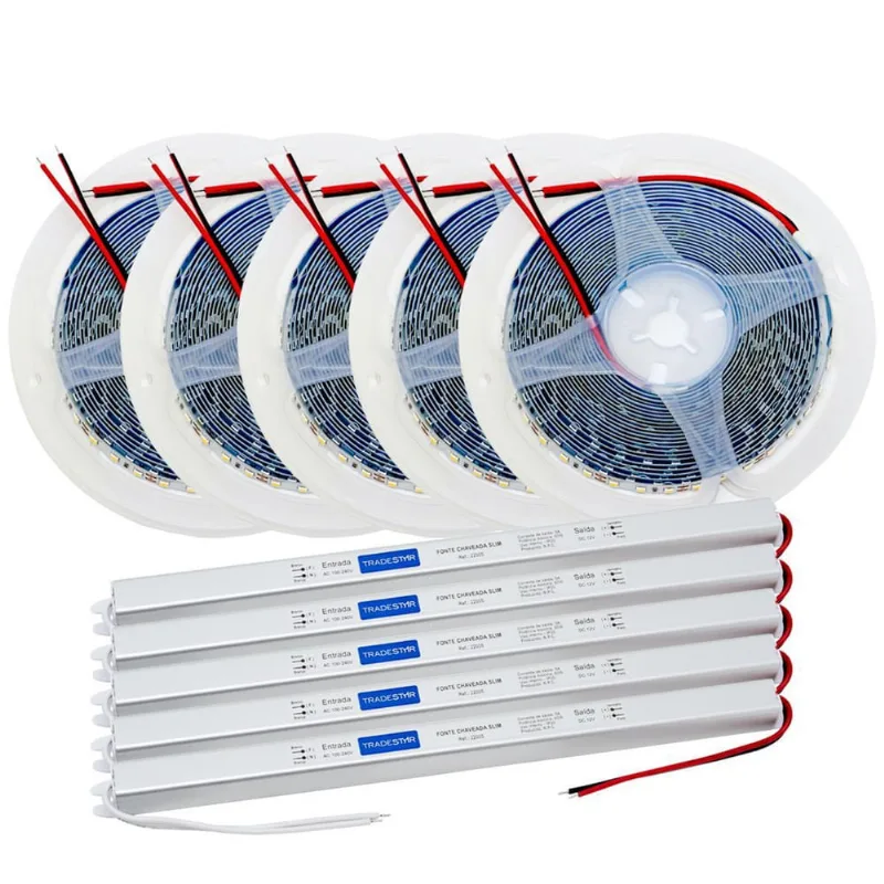 Kit 5 Fita Led 5 Fonte 2835 5M 120 Led 12V Ip20 10W 4000K