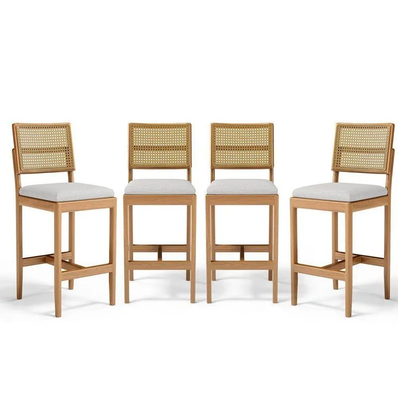 Kit Com 4 Banqueta Milena Madeira Maciça Assento Estofado Encosto De Tela Palha Sextavada Linho Cinza 407