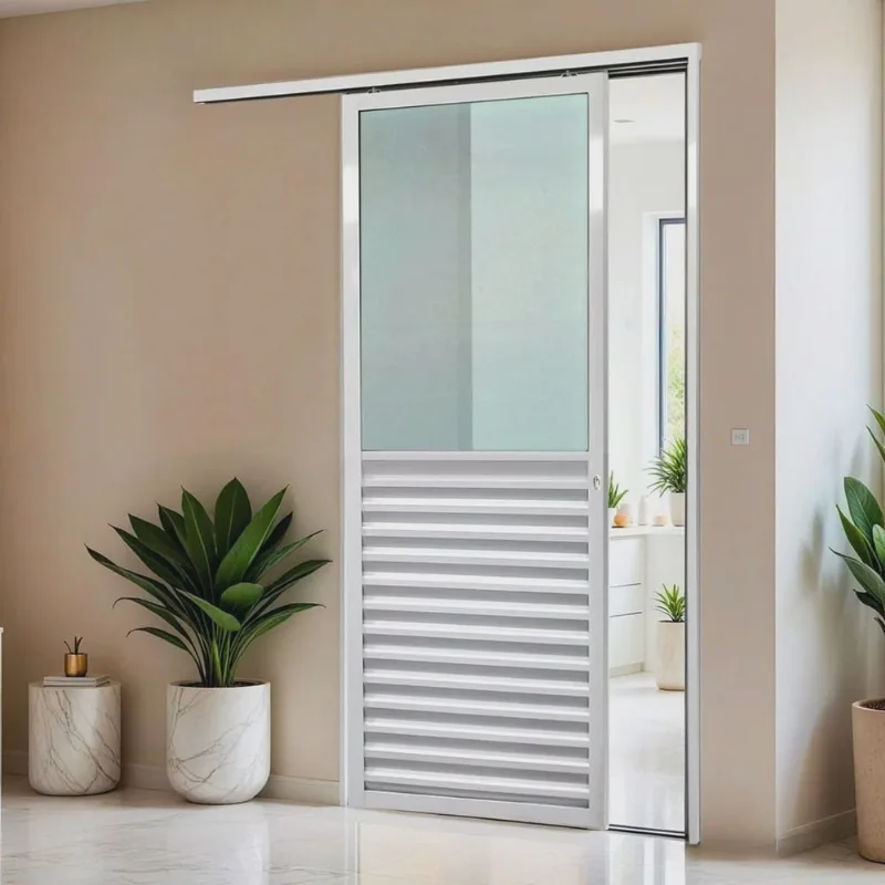 Porta de Correr Suspensa 210cm X 80cm Meia Veneziana Meia Vidro Esq L.25 Brimak Branco
