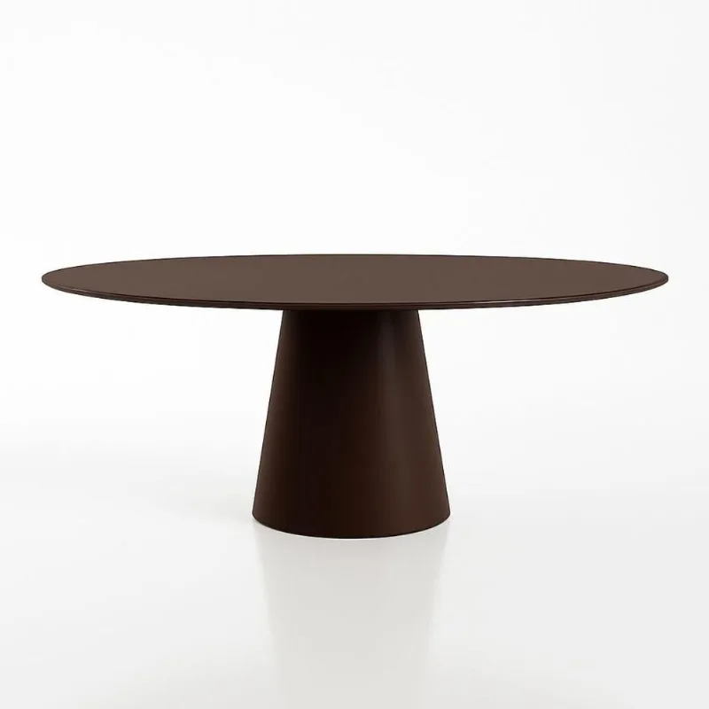 Mesa De Jantar Cone Oval 137x90 Cm Laca Marrom Cacau Com Vidro