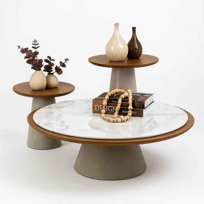 Conjunto de Mesas Prisma Redondo MDF 90CM Marfim Linn Design Decor