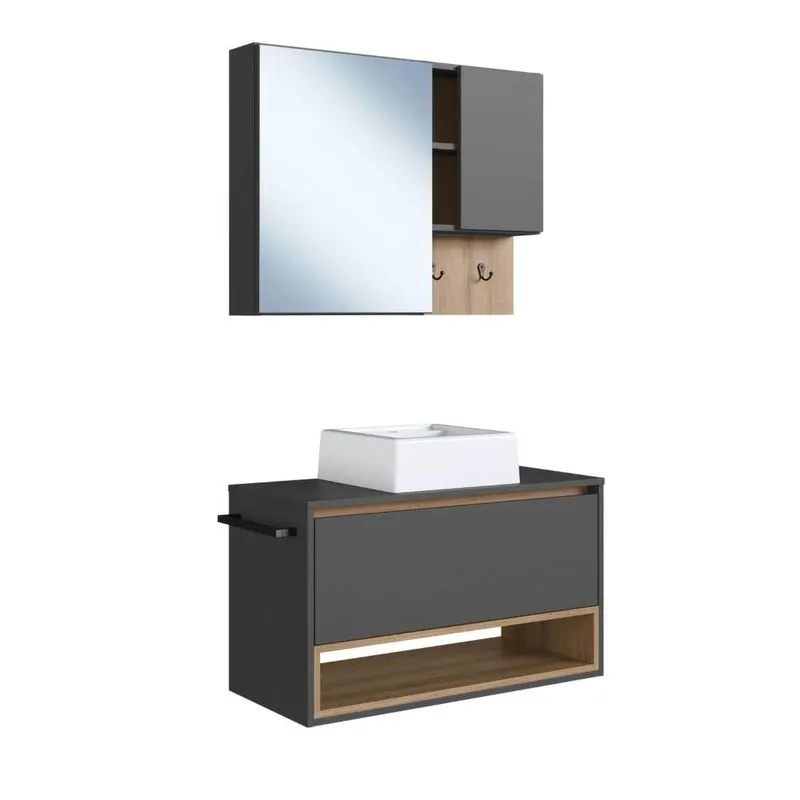 Gabinete Suspenso 80cm Grafite Mel Toalheiro Cuba Espelheira Conjunto para Banheiro CJ8060.10MG