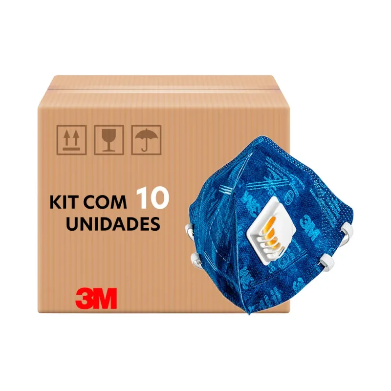 Kit 10 Máscaras Descartáveis Dobrável Azul com Válvula Filtrante PFF2-S 3M 9822