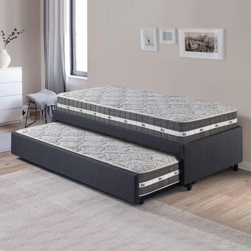 Bicama Box Solteiro Linho Cinza 88x188 com Colchão Colchão Black Graphite Molas Ensacadas Anjos