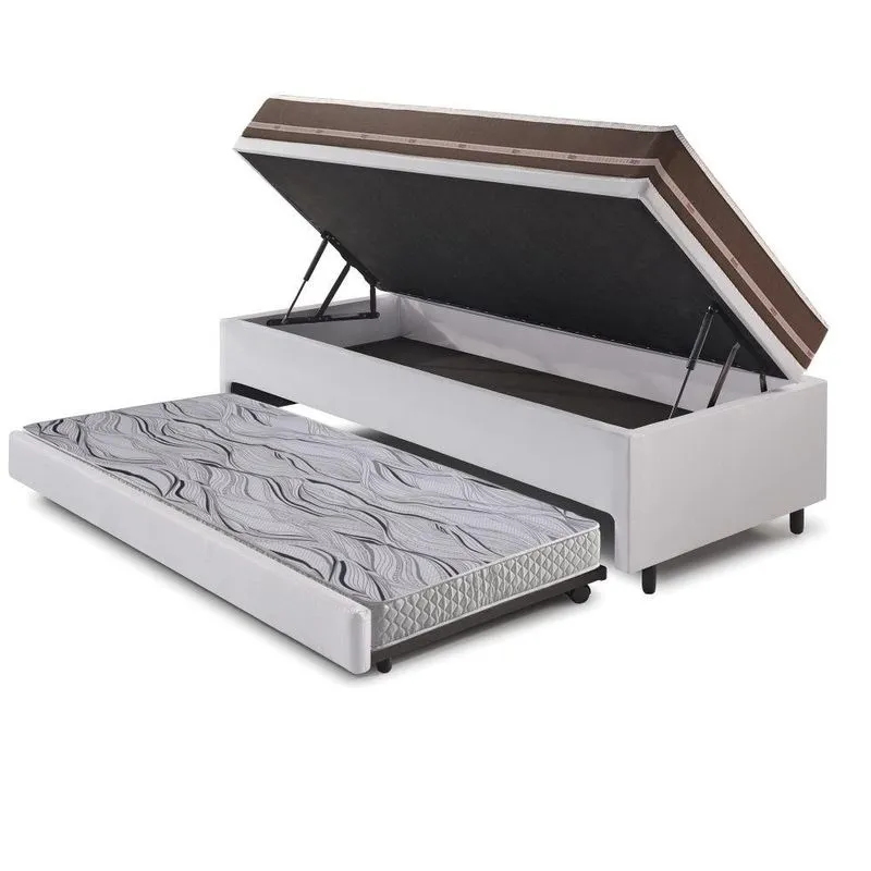 Bicama Box Baú 88x188 Courino Linho Branco com Colchão Classic Molas Ensacadas Anjos