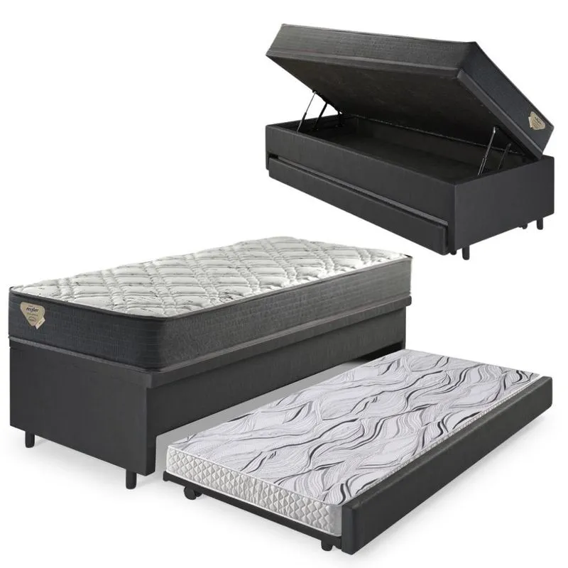 Bicama Box Baú Solteiro Com Colchão Adapto Molas Ensacadas Ecoflex Courino Linho Preto 88x188