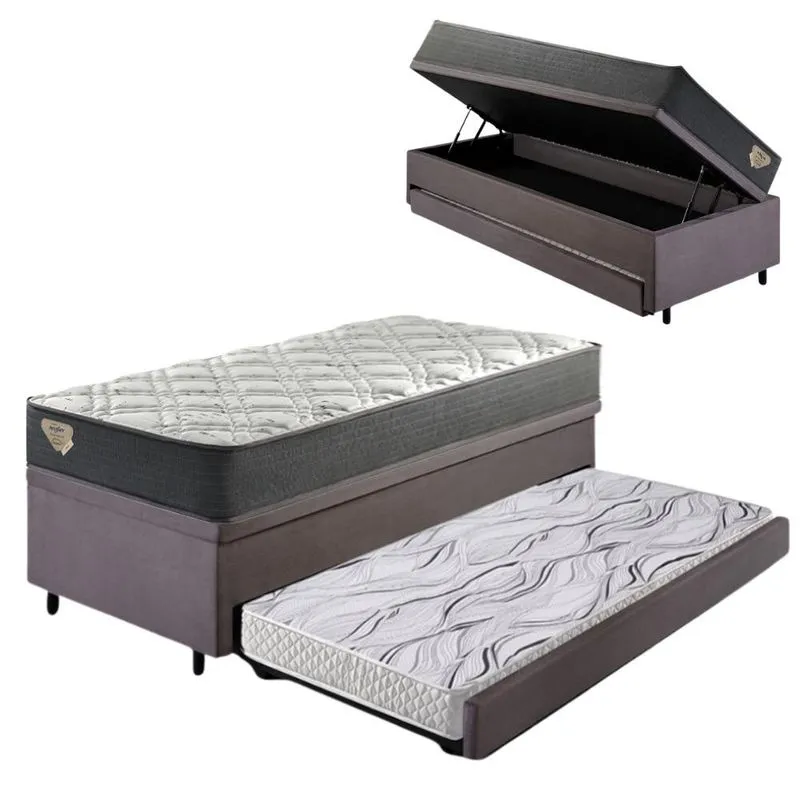 Bicama Box Baú Viúva 120x203 Suede Cinza com Colchão Adapto Molas Ensacadas Ecoflex