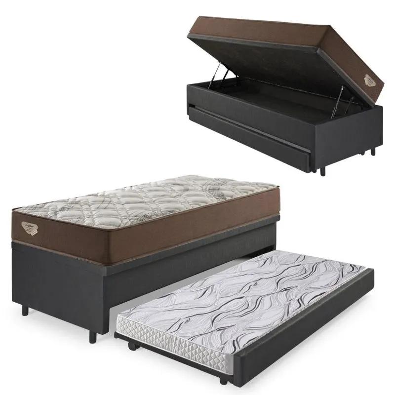 Bicama Box Baú com Linho Bege 88x188 com Colchão Relax Adorabile Molas Ensacadas Ecoflex