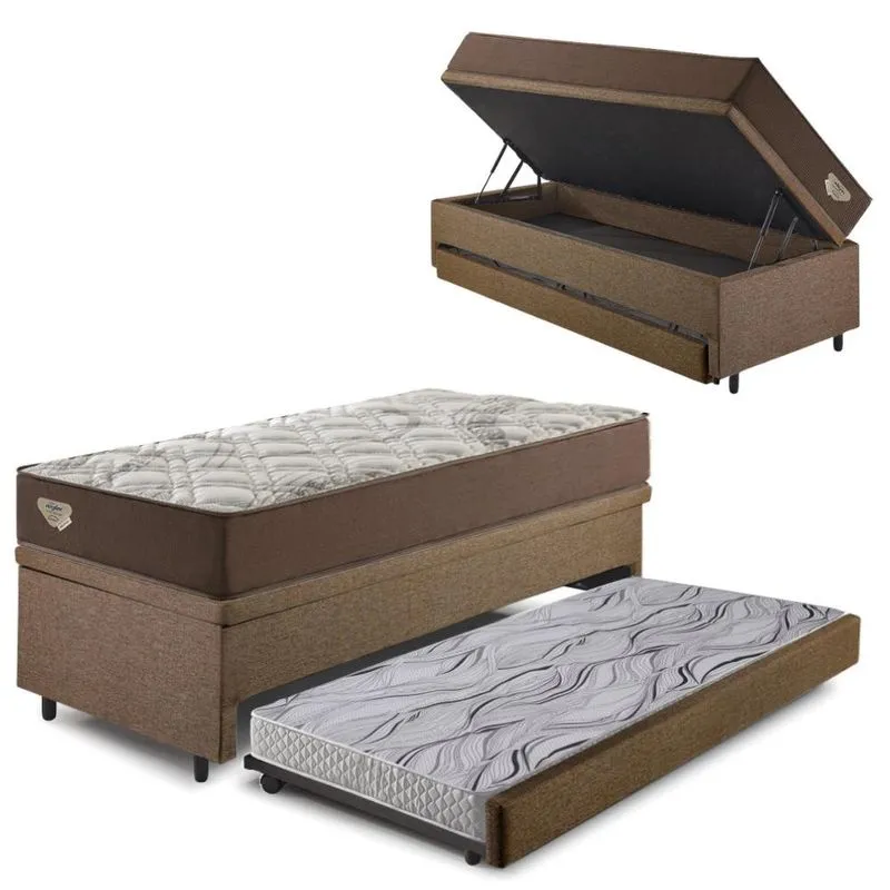 Bicama Box Baú com Linho Marrom 96x203 com Colchão Relax Adorabile Molas Ensacadas Ecoflex