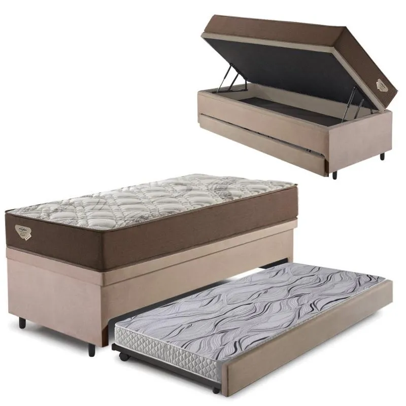 Bicama Box Baú com Suede Bege 120x203 com Colchão Relax Adorabile Molas Ensacadas Ecoflex