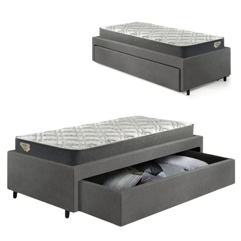 Cama Box Viúva com Gaveta 88x188 cm Revestida em Courino Linho Cinza com Colchão Adapto Ecoflex