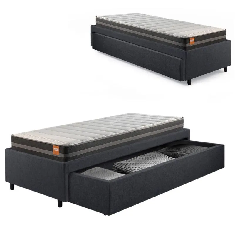 Cama Box Solteiro com Gaveta 88x188 cm Revestida em Linho Cinza com Colchão Bogota Inducol