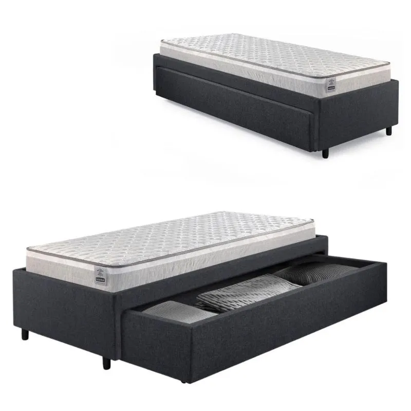 Cama Box Solteiro com Gaveta 88x188 cm Revestida em Linho Cinza com Colchão Hanover Inducol
