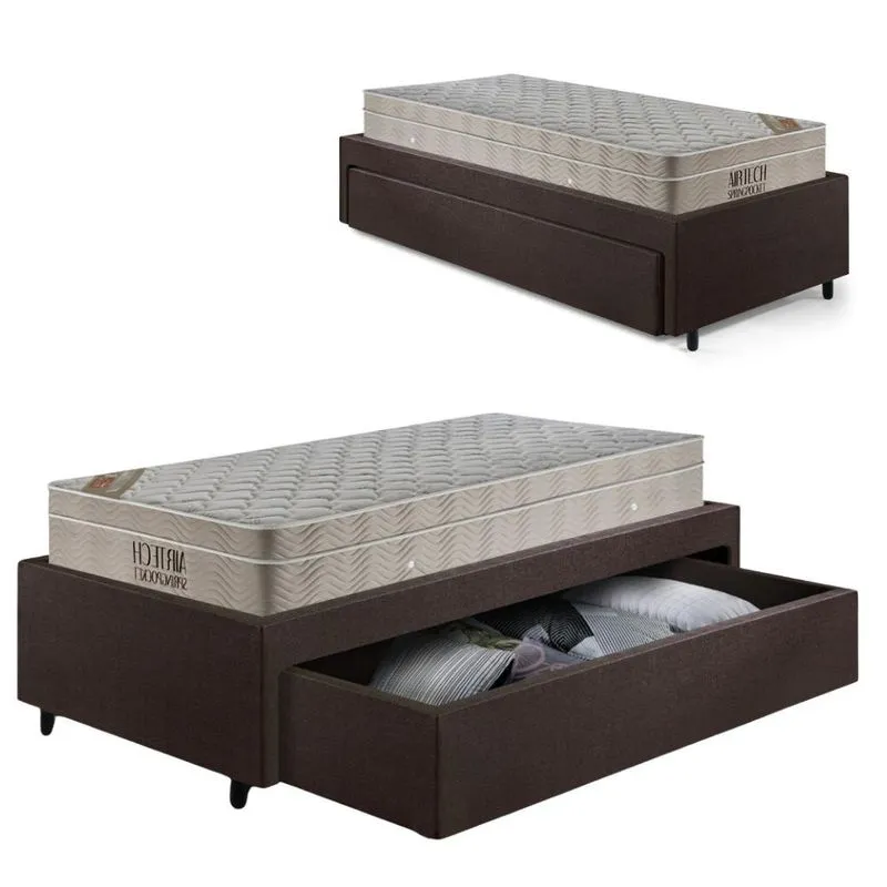 Cama Box Solteiro com Gaveta 88x188 cm Revestida em Courino Linho Marrom com Colchão Airtech Ortobom