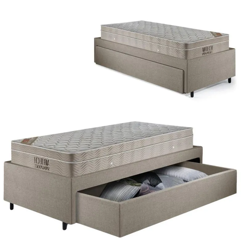 Cama Box Solteiro com Gaveta 88x188 cm Revestida em Linho Bege com Colchão Airtech Ortobom