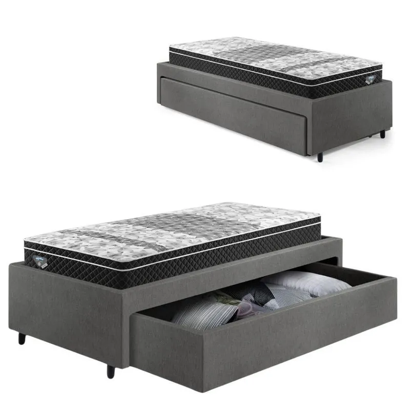 Cama Box Solteirão com Gaveta 88x188 cm Revestida em Courino Linho Cinza com Colchão Gransleep Ecoflex
