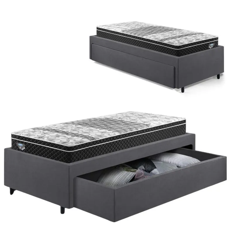 Cama Box Solteirão com Gaveta 88x188 cm Revestida em Suede Cinza com Colchão Gransleep Ecoflex